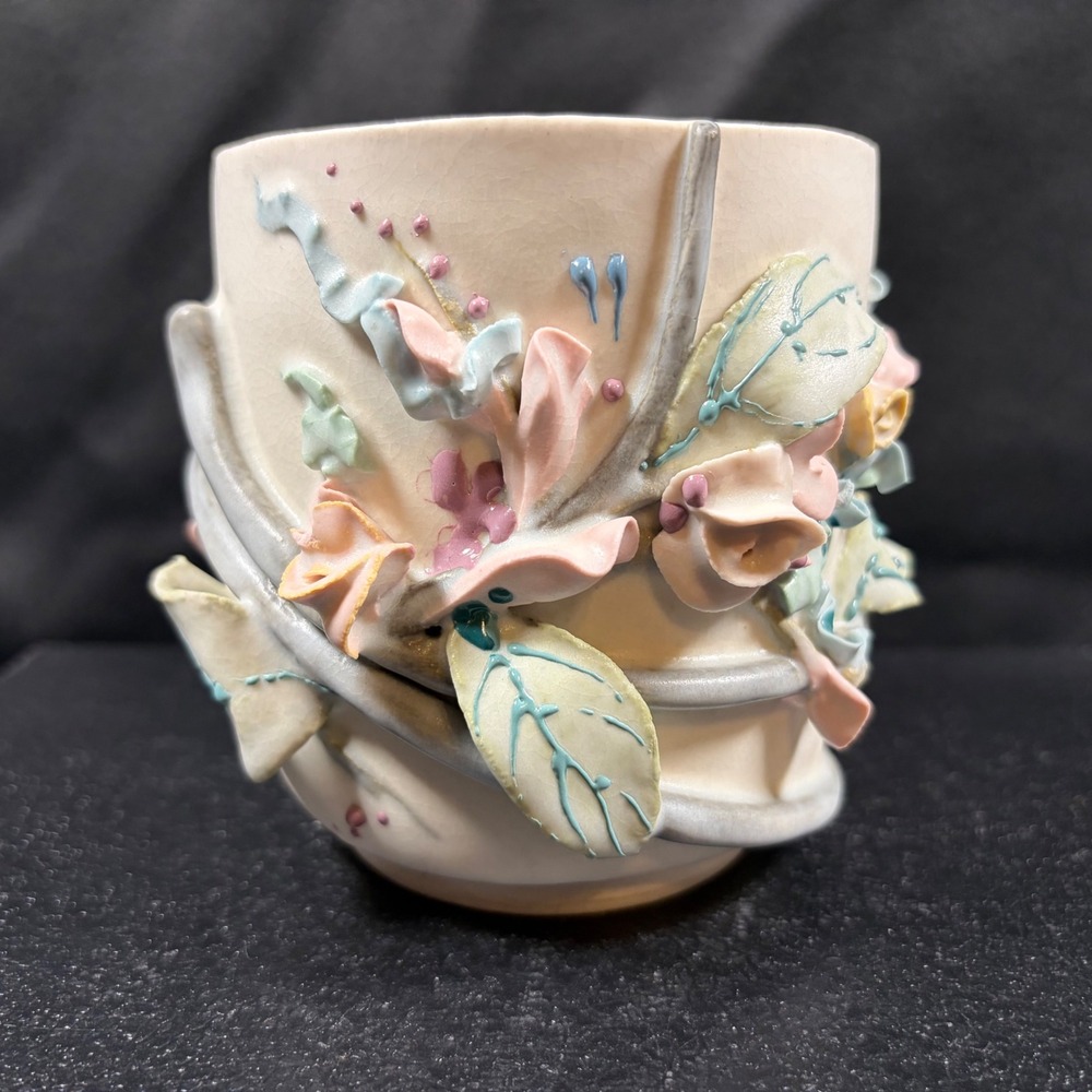 Studio Pottery Applied Floral Ceramic Vessel Pastel Art Nouveau Style Planter